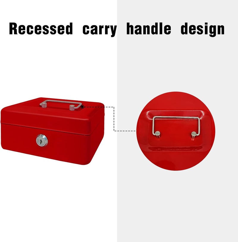 PACOLO Steel Cash Box with Key Lock, Metal Small Money Organizer with Money Tray,Cash Storage Box with Lockable Cover (Red - 6 inch) - Image 5